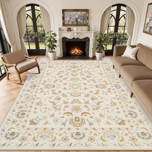 8x10 Area Rug Living Room: Soft Floral Washable Boho Carpet Beige