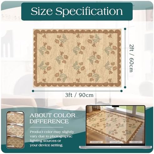Front Door Mat Indoor Outside Entrance 2x3 Tan Floral Scalloped Rug