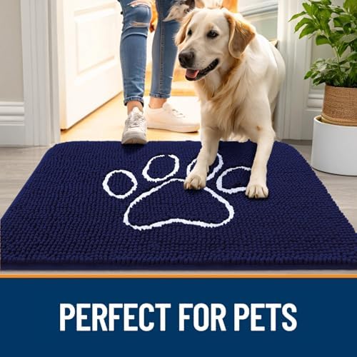 OLANLY Dog Door Mat for Muddy Paws 30x20, Paw Print Design Chenille Mud Mat