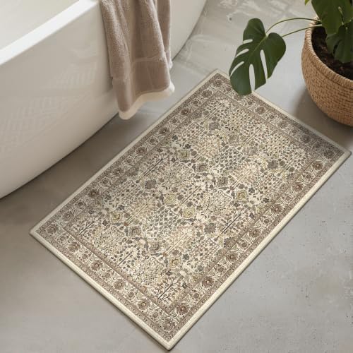 Bavni 2x3 Washable Rug, Non Slip Entryway Mat, Cream Brown