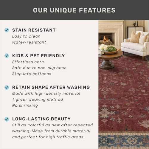 Dark Red 2'6''x6' Wide Hallway Runner Rug - 6ft Long Washable Non Slip Indoor Door Mats for Entryway, Low Pile & Soft Boho Geometric Floral Pattern Burgundy Area Rug