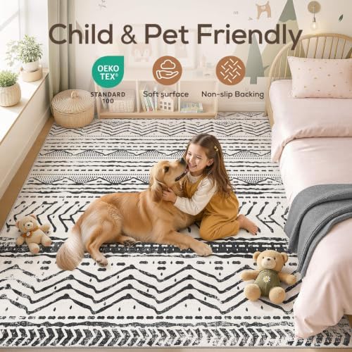 Nakagishi Black Rug Living Room Rugs: 9x12 Machine Washable Boho Large Neutral Modern Soft Moroccan Stain Resistant Indoor Floor Non Slip Accent Carpet for Bedroom Nursery Kids Playroom Office