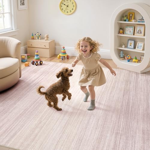 UERMEI 9x12 Washable Area Rug - Neutral Modern Abstract Living Room Rugs, Non-Slip Soft Large Indoor Floor Carpet for Bedroom Home Office & Under Dining Table Decor, Soft Pink