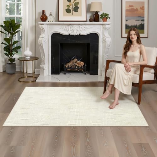 Valenrug 4x6 Area Rug, High-Low Pile Washable Rug for Living Room, Ivory