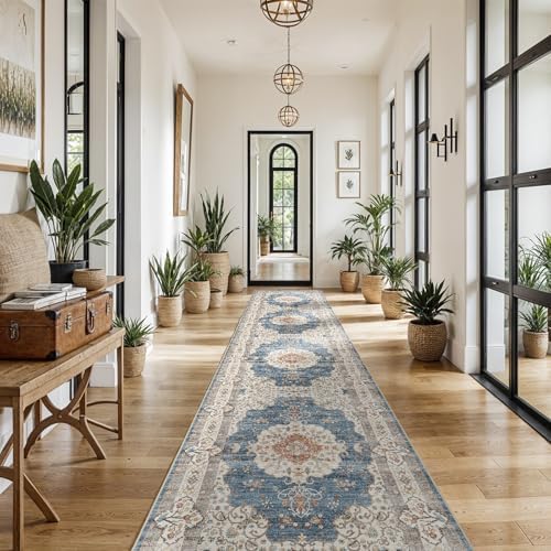 3x16 Runner Rug Washable Vintage: Non Slip Long Hallway Runners Blue/Beige