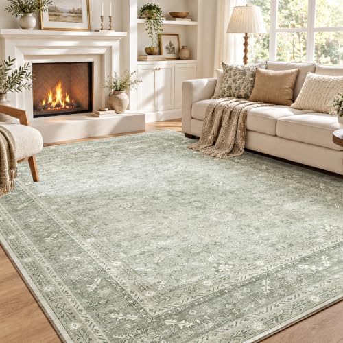 OPPODREAM Vintage Light Green Area Rugs 9x12, Washable Rug for Living Room