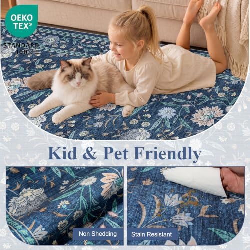 DUKINO 2x3 Rug, Washable Vintage Floral Bathroom Rugs Non Slip, Dark Blue