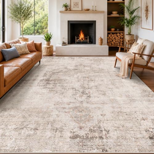 Hazo Haus Farmhouse Area Rugs 9x12 for Living Room - Abstract Medallion Rug for Bedroom, Dining Room Under Table, Washable Non Slip, Fade & Stain Resistance, Distressed Design
