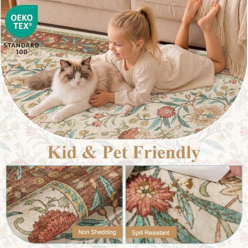 DUKINO 5x8 Area Rug, Vintage Floral Washable Rugs for Living Room, Brown