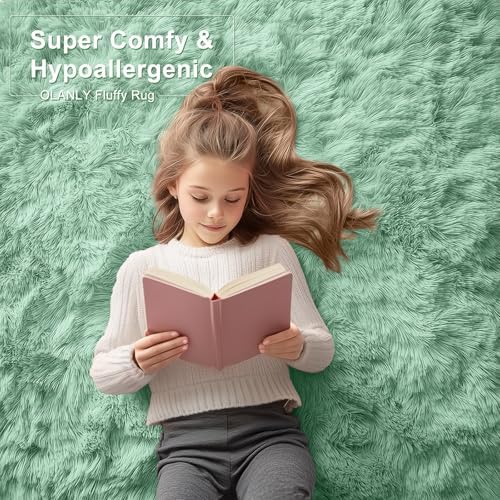OLANLY 2x4 Machine Washable Runner Rugs for Hallway, Soft Fluffy Shaggy Bedside Rugs for Bedroom, Living Room, Indoor Floor Carpet for Kids Girls Boys, Nursery Rooms, Home Decor Aesthetic, Mint Green
