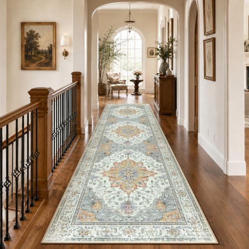 RELEANY Washable Area Rug, Runner 3'x10', Beige/Carbon Grey/Orange