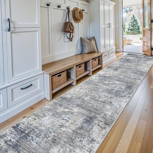 4x12 Wide Runner Rug for Hallway, Washable Non Slip Long Kitchen Rug, Soft Low Pile Carpet for Entryway Bedroom, Modern Abstract Area Rug（Blue Grey,4x12）