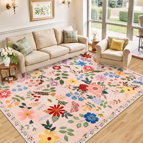 PLHXFR Area Rug Living Room: 4x6 Floral Washable Boho Soft Carpet Beige
