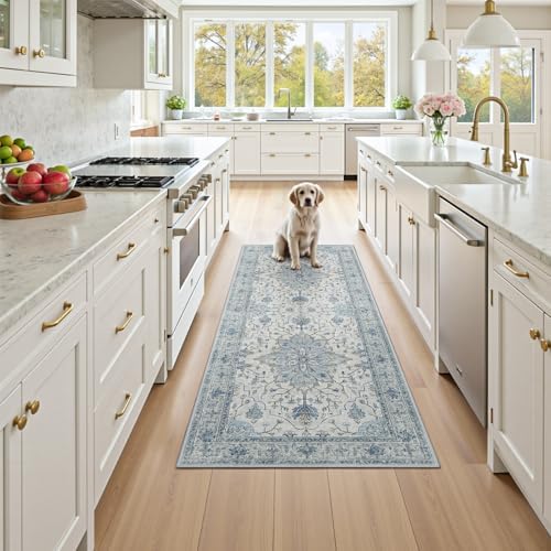 RELEANY Washable Area Rug, Runner 3'x6', Blue/White/Gray