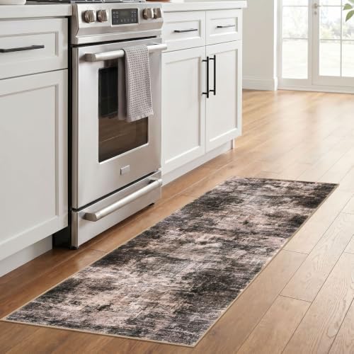 IOHOUZE Abstract Runner Rug 2x6 Ft Washable Runners for Hallways, Non Slip Kitchen Runner Printed Faux Wool Entryway Runner Indoor, Modern Abstract Floor Carpet for Hall Kitchen Bedroom, Brown/Rust