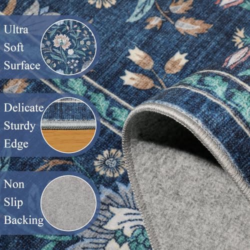 DUKINO 2x3 Rug, Washable Vintage Floral Bathroom Rugs Non Slip, Dark Blue
