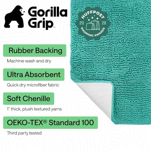 GORILLA GRIP Bath Rug Mat for Bathroom, Absorbent Chenille, 30x20 Turquoise