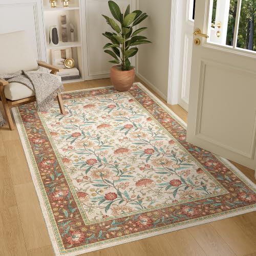 DUKINO 4x6 Area Rug, Washable Vintage Floral Rug for Living Room, Brown