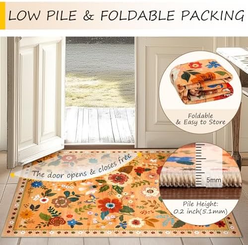 RELEANY Floral Washable 8x10 Area Rugs Orange/Yellow/Red