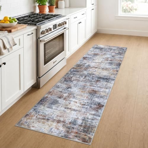 IOHOUZE Abstract Runner Rug 2x7 Ft Washable Runners for Hallways, Non Slip Kitchen Runner Printed Faux Wool Entryway Runners Indoor, Modern Abstract Floor Carpet for Hall Kitchen Bedroom, Orange Grey