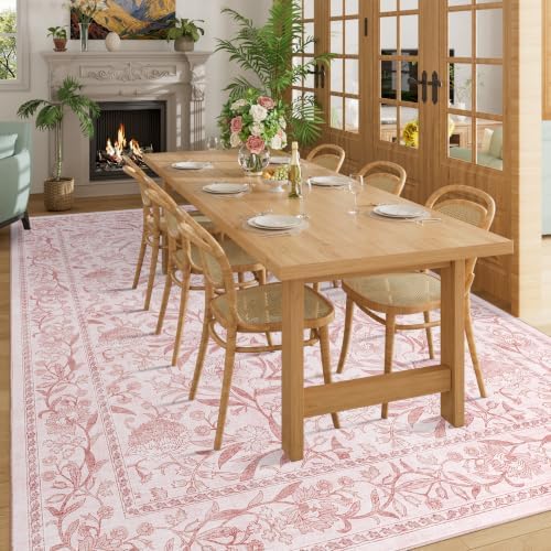 DUKINO 6x9 Area Rug Vintage Floral Washable Rugs for Living Room Light Pink