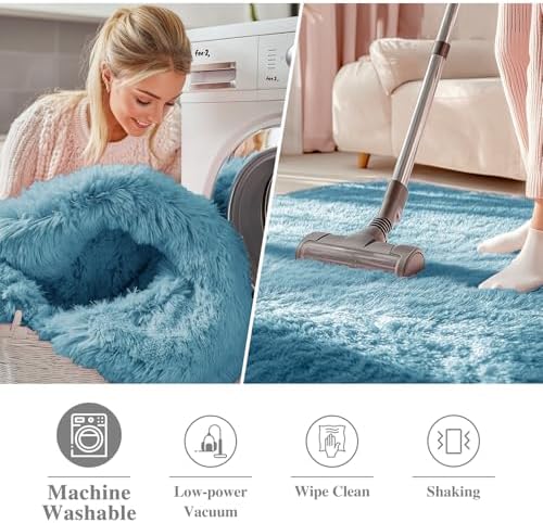 OLANLY Slate Blue Round Rugs for Bedroom - Machine Washable, 5 ft Circle Area Rugs for Living Room, Soft and Fluffy Shaggy Carpet for Teen Girl and Boys, Nursery Rooms, Dorms, Home Decor Aesthetic