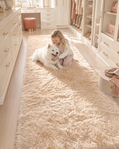 OLANLY 3x7 Machine Washable Runner Rugs for Hallway, Soft Fluffy Shaggy Bedside Rugs for Bedroom, Living Room, Indoor Floor Carpet for Kids Girls and Boys, Nursery Rooms, Home Decor Aesthetic, Beige