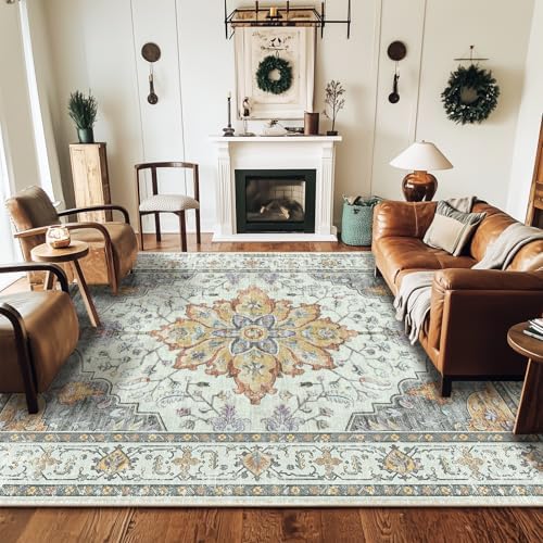 RELEANY Washable Area Rug, 8'x10', Beige/Carbon Grey/Orange