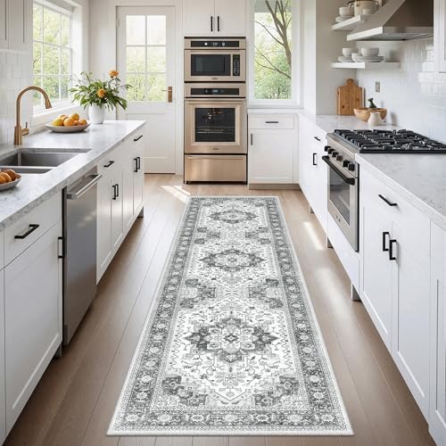 2'x8' Washable Runner Rug for Hallway Kitchen Rug Boho Floor Carpet Grey
