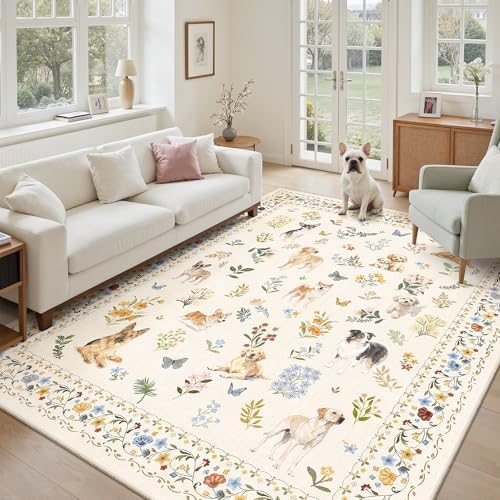 Soalmost Dog 6x9 Area Rugs for Living Room, Washable Animal Soft Rug Beige