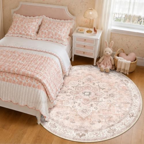 CAPALOCA Round 4ft Washable Nursery Girls Low Pile Area Rug Pink