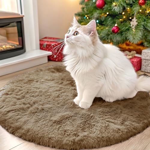 OLANLY Taupe Round Rugs for Bedroom - Machine Washable, 2 ft Circle Area Rugs for Living Room, Soft and Fluffy Shaggy Carpet for Teen Girl and Boys, Nursery Rooms, Dorms, Home Decor Aesthetic