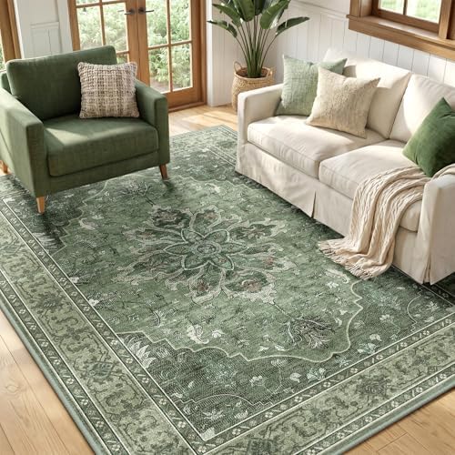 RELEANY Washable Area Rug, 5'x7', Green/Dark Green/Gray