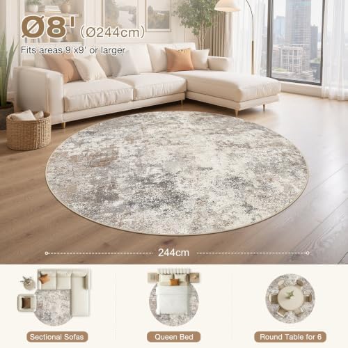 UERMEI 8ft Round Area Rug Living Room Rugs - 8x8 Washable Neutral Modern Abstract Soft Thin Rug Indoor Floor No Slip Rug Carpet for Bedroom Under Dining Table Home Office Decor - Brown Grey