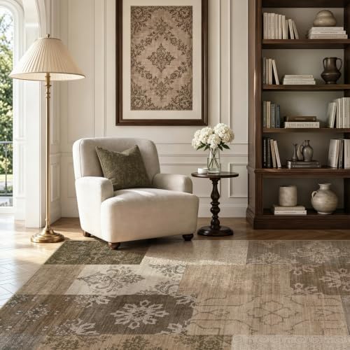 UERMEI 6x9 Area Rug for Living Room, Washable Brown Modern Geometric Patchwork Non Slip Stain Resistant Low Pile Foldable Carpet for Bedroom Dining Farmhouse Home Office