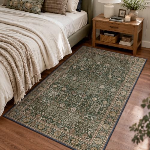 Bavni 3x5 Washable Area Rug for Living Room, Dark Green Brown
