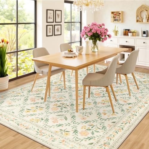 PLHXFR Area Rug Living Room: 4x6 Floral Washable Boho Carpet Beige Multi