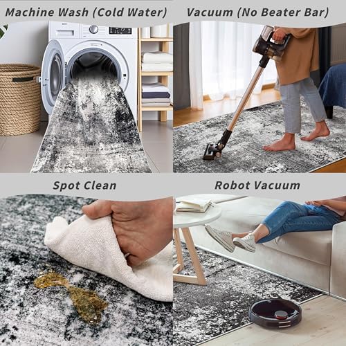 3x12 ft Long Hallway Runner Rug Non-Slip Washable Carpet Runner for Kitchen Entryway Bathroom Modern Abstract Neutral Low-Pile Thin Stain-Resistant Black Grey