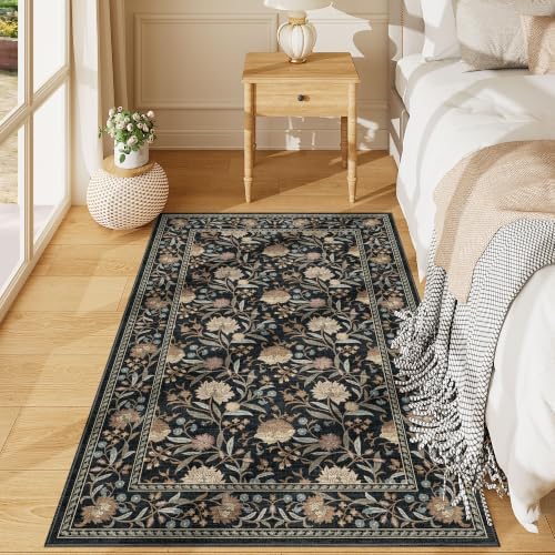 DUKINO 3x5 Rug, Washable Vintage Floral Bedroom Area Rug Non Slip, Black