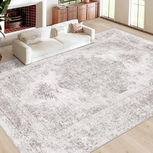 XLUEZ Area Rug 10x14 Living Room Rug, Machine Washable Vintage Distressed Medallion Rug Non-Slip Soft Low Pile Large Indoor Rugs for Bedroom Kitchen Dining Room Office(Grey,10'x14')