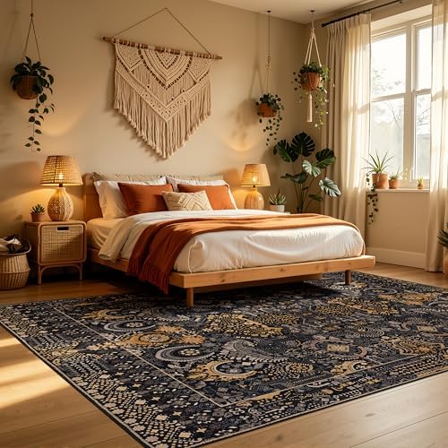 Ruaruarug Washable Area Rug 8×10 Ultra Soft for Living Room, Black and Gold
