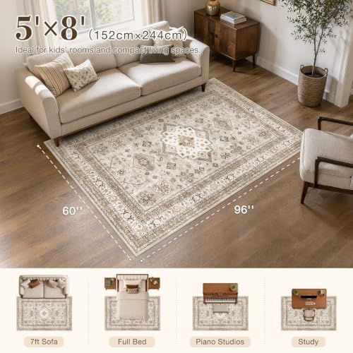 cotiled 5x8 Area Rug for Living Room, Washable, Traditional, Beige