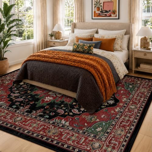 RELEANY Washable Area Rug, 5'x7', Red/Black