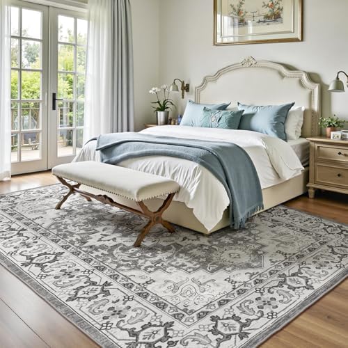 Lofus 5x7 Area Rugs for Living Room Bedroom, Soft Boho Carpet Floral Grey