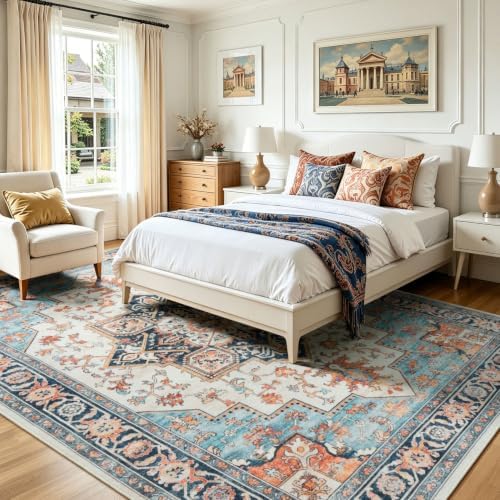 Lofus Washable Rugs 8x10, Blue and Orange Vintage Carpet for Living Room