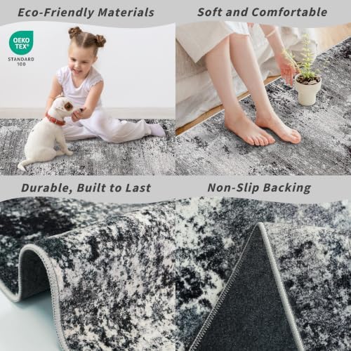 Square Rug 3x3 for Entryway Washable – Non-Slip Small Throw 3ft Area Rug for Kitchen Bathroom – Modern Neutral Abstract Soft Low-Pile Indoor Carpet (Black Grey, 3ft)