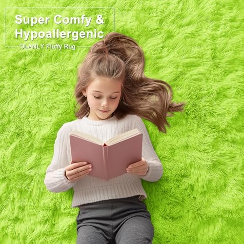 OLANLY 2x4 Machine Washable Runner Rugs for Hallway, Soft Fluffy Shaggy Bedside Rugs for Bedroom, Living Room, Indoor Floor Carpet for Kids Girls and Boys, Home Decor Aesthetic, Lime Green