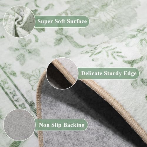 DUKINO 3x5 Rug Washable Vintage Floral Bedroom Area Rug Non Slip Sage Green