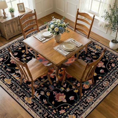 RELEANY Washable Area Rug, Square 6'x6', Black/Colorful