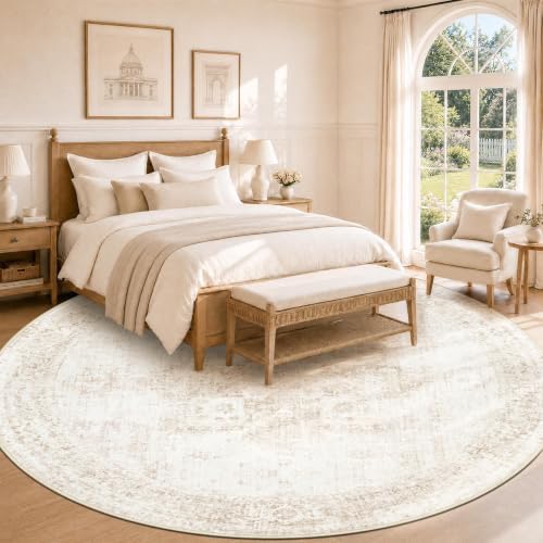 Round Rugs 8ft Washable Rug, Vintage Boho Medallion Rugs Non-Slip Soft Low Pile Circle Distressed Rug Indoor Retro Carpet for Living Room Bedroom Dining Room Home Office (Beige, 8' Round)